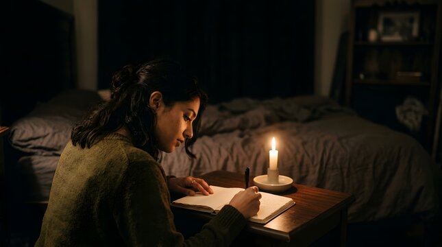 Young woman writing in a journal by candlelight in a dark bedroom