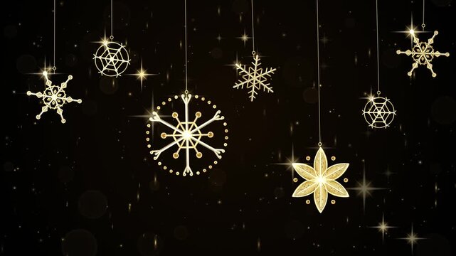 Golden Christmas ornaments and glowing snowflakes on dark background