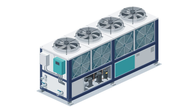 Detailed isometric vector illustration of a commercial air conditioning unit with multiple fans and control panel