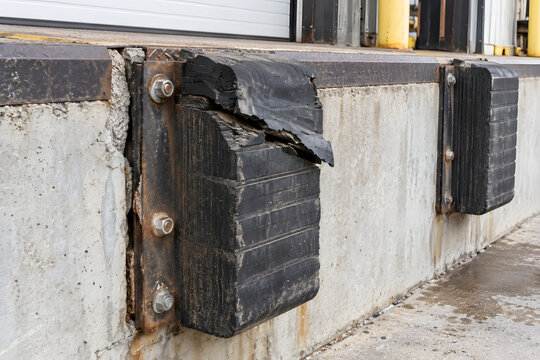Torn rubber loading dock bumper exposing damaged impact protection at warehouse platform