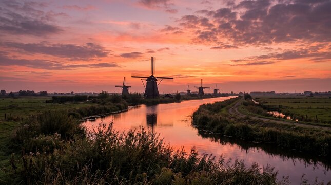 Traditional windmills stand silhouetted against a vivid sunset over flat green fields and a calm reflecting canal