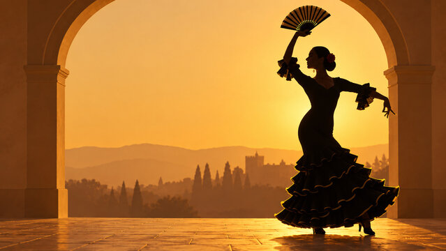 Flamenco Dancer Silhouette with Fan in a Golden Sunset Archway