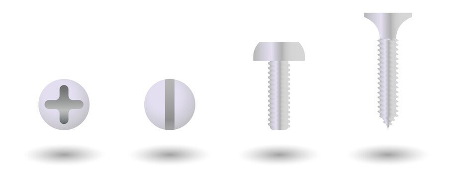 Set of isolated metal screws and fasteners on white background transparent background