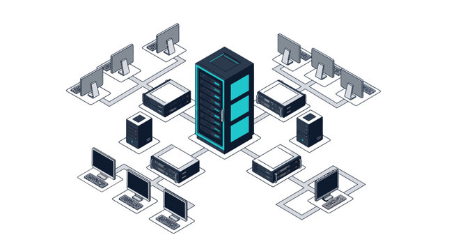 Network Infrastructure Diagram Showing Servers and Workstations Connected to Central Data Cente