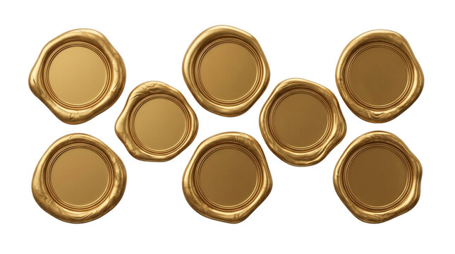 Vintage gold wax seal collection, set of 8 metallic golden stamp seals, elegant luxury wax stamps for wedding invitations and branding isolated PNG with Transparent Background