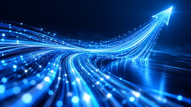 Fiber optic light trails converging into glowing arrow symbolizing high speed data transfer and technological progress