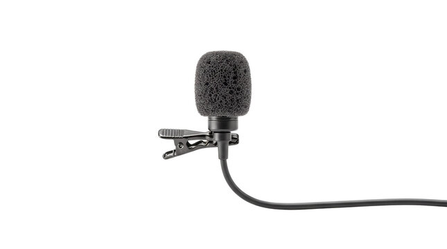 Professional lavalier microphone with foam windscreen, black clip-on lapel mic for interviews, portable audio recording equipment isolated PNG with Transparent Background