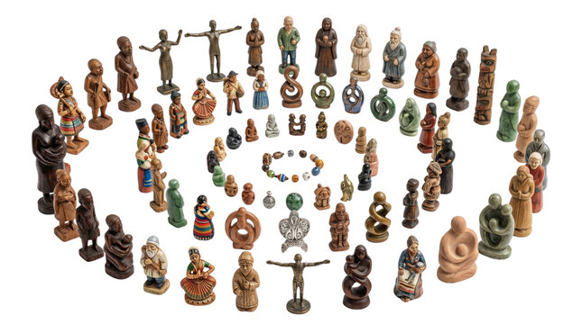 Antique ethnic figurines collection, diverse cultural statuettes and tribal artifacts, vintage ceramic and wooden folk art sculptures isolated PNG with Transparent Background