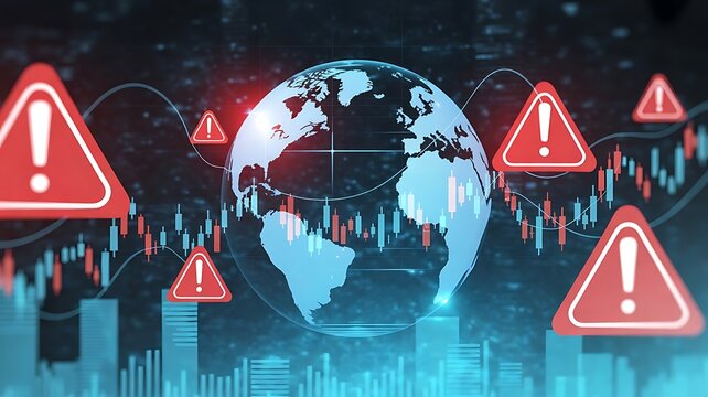 Global market risk and financial warning concept with red alert signs and stock trading charts overlaying a digital globe