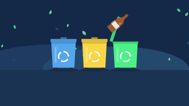 Navy recycling bins sorting waste with a spinning recycle symbol