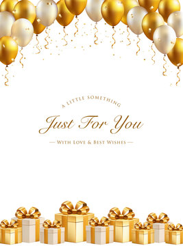 Vertical luxury birthday card background with gold balloons gift boxes and greeting typography for mobile story