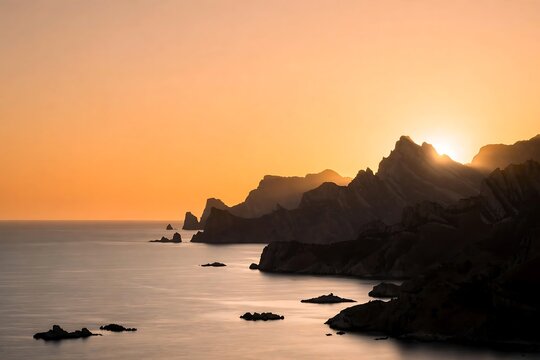 Stunning sunset over the rugged coastline and rocky cliffs of the black sea in crimea