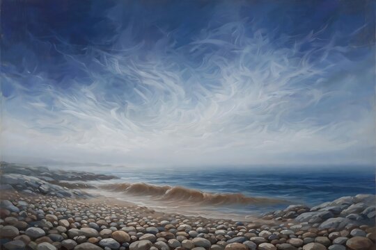 Oil painting of a serene rocky beach with swirling clouds over a calm blue sea