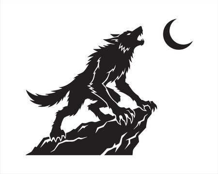 Black silhouette of a werewolf howling at a crescent moon on a rocky hill