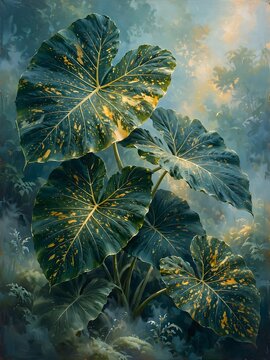 Variegated elephant ear plant with golden yellow spots in a misty tropical forest setting