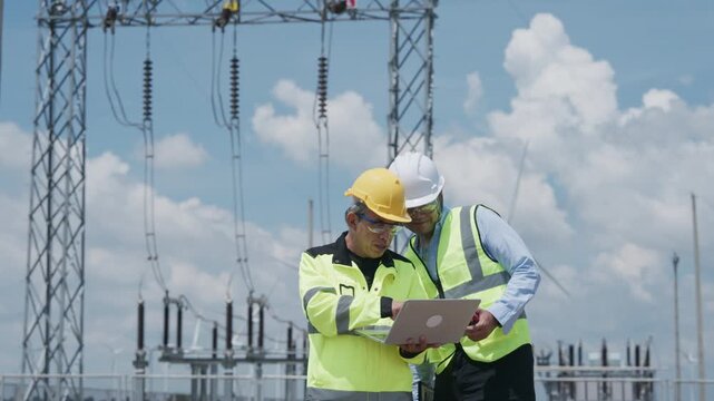 High voltage engineer and colleague reviewing laptop during electrical equipment inspection at power substation under cloudy sky, utility infrastructure teamwork and outdoor safety collaboration