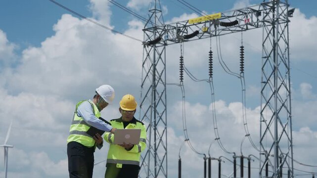 High Voltage Transmission Tower Electrical Engineer Technician Inspecting Power Equipment and Substation with Tablet, Safety Clothing, Power Lines, and Cloudy Blue Sky