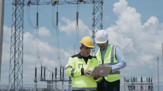 Electrical Engineer and Technician Inspecting High Voltage Power Grid Substation Equipment Wearing Safety Helmet and Reflective Vest Under Cloudy Sky Construction Environment