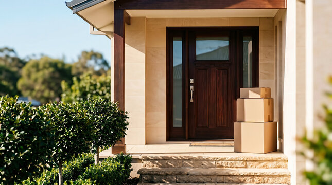 Stacked cardboard parcels on front porch of modern house with wooden door and green hedges, home delivery and online shopping concept