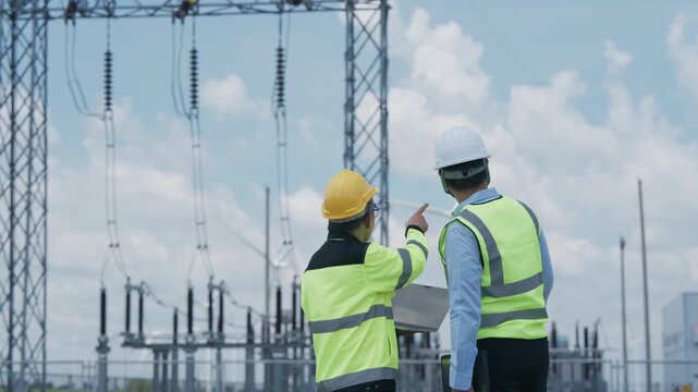 Electrical Engineer and Technician Inspect High Voltage Substation Equipment During Safety Inspection and Maintenance Work Under Cloudy Sky with Professional Safety Practices