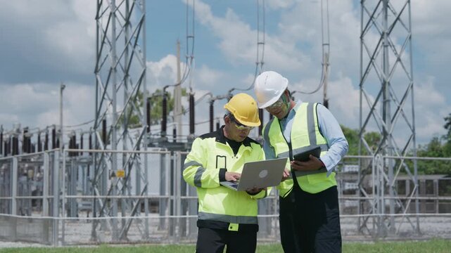 Electrical Engineer and Technician Inspection of High Voltage Substation Equipment, Power Utility Electricity Worker Safety with Helmet, Protective Clothing, and Tablet Computer Outdoors Under Cloudy