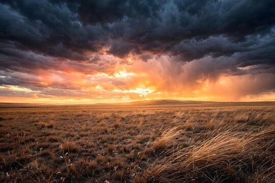 Dramatic sunset over a vast grassy prairie landscape with stormy clouds and rain showers in the distance
