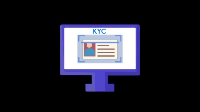 Know Your Customer animation showing a customer identification card being scanned on a computer screen for identity verification, banking security, digital onboarding, and financial compliance.