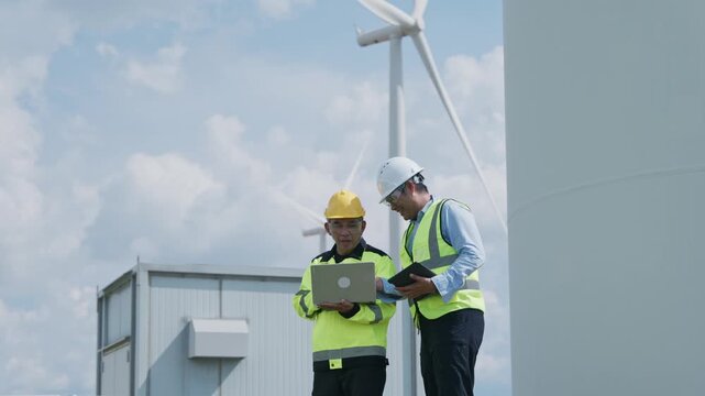 Wind Turbine Technician and Engineer Inspecting Renewable Energy Equipment with Tablet, Safety Helmet, Reflective Vest, and Laptop at Outdoor Industrial Power Facility Under Cloudy Sky