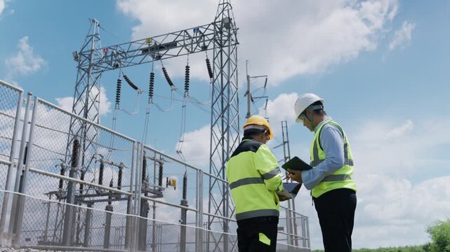 Electrical engineer and technician high voltage substation inspection of safety equipment and metal security fence beside transmission tower under bright cloudy sky power infrastructure