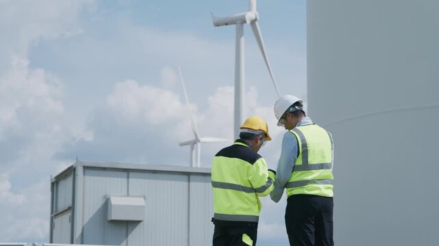 Wind Turbine Engineer and Technician Inspect Wind Farm Equipment at Industrial Building, Wearing Safety Vest and Hard Hat Under Blue Sky for Renewable Energy Maintenance Safety