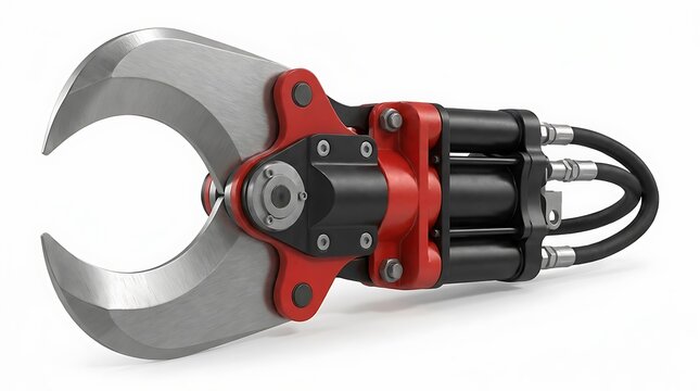 Industrial hydraulic shear cutter with steel blades on a plain white
