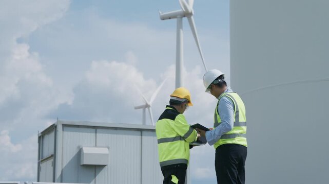 Engineers inspect wind turbine beside industrial building under blue sky, showcasing teamwork, renewable energy maintenance, safety review, wind power, and clean energy development