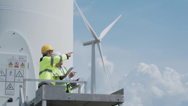 Wind Turbine Technician Inspection of Electrical Equipment Elevated Platform, Advancing Renewable Energy Maintenance, Workplace Safety, Coastal Industrial Operations, and Focused Teamwork Under Blue
