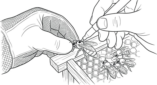 Vector Line Sketch of Beekeeper Marking Queen Bee Thorax.