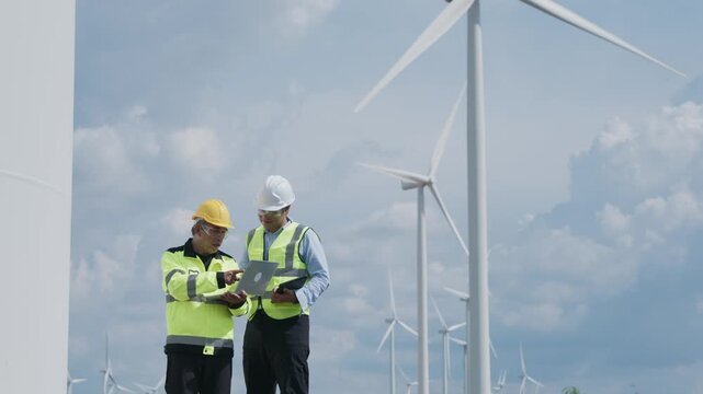 Wind Turbine Engineer Worker Teamwork Inspecting Renewable Energy Equipment Outdoors Under Cloudy Sky, Safety Maintenance Supporting Sustainable Power Generation and Clean Energy Infrastructure
