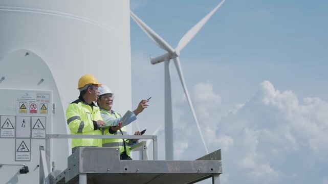 Wind Turbine Engineer and Technician Inspect Renewable Energy Equipment, Power Systems, and Safety Components on High Elevated Platform Beneath Clear Blue Sky