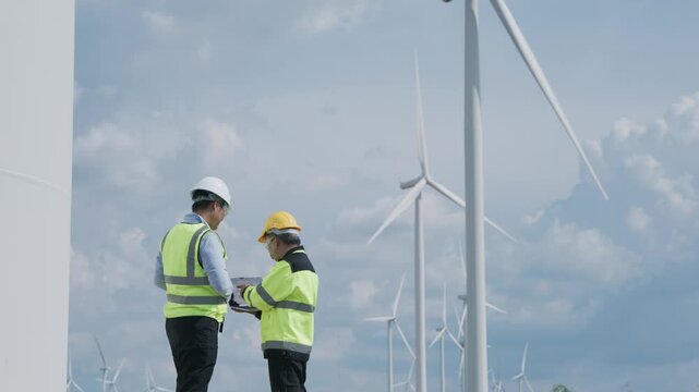 Wind Turbine Engineer Technician Safety Vest Hard Hat Renewable Energy Wind Farm Maintenance Inspection Electrical Grid Power Generation Sustainable Infrastructure Cloudy Sky