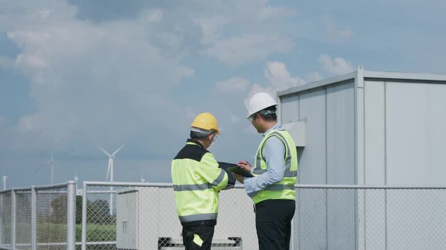 Wind Turbine Electrical Engineer and Technician Wearing Safety Vest and Hard Hat Inspect High Voltage Renewable Energy Facility, Wind Farm Power Station Infrastructure, Clean Energy Teamwork