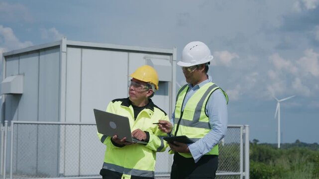 Electrical Engineer Construction Worker Inspecting High Voltage Equipment at Wind Turbine Power Station, Two Engineers Reviewing Laptop Near Industrial Building at Wind Farm Site
