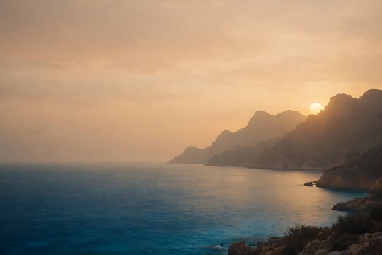 Golden sunset over the mediterranean sea and rocky coastline in corsica, france