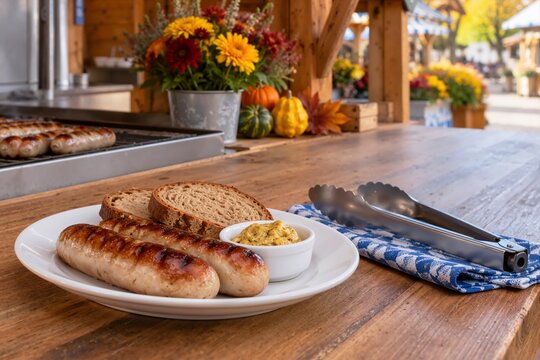 Grilled German bratwurst sausages with mustard and rye bread on wooden counter. Traditional Bavarian festival food served on white plate outdoors