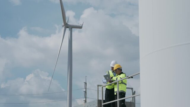 Wind Turbine Technician Inspecting Renewable Energy Equipment on Elevated Platform Beneath Cloudy Sky, Advancing Clean Power Maintenance, Engineering Safety, and Workplace Operations