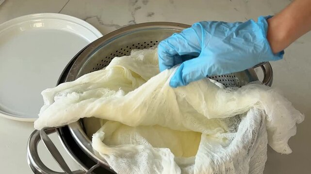 Gloved hands unwrap strained labneh cheese in cheesecloth, homemade dairy