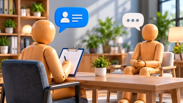 Wooden mannequin recruiter interviewing a job candidate with clipboard and profile icon speech bubble in a modern corporate office