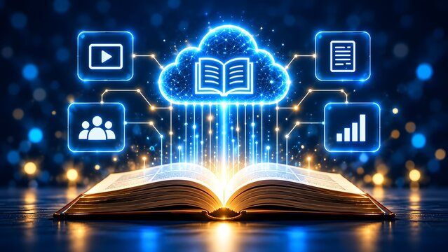 Glowing digital cloud computing network emerging from an open book representing online education data storage and multimedia elearning
