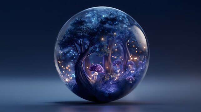 Glowing magical forest with purple mushrooms inside glass sphere on dark blue background, fantasy concept