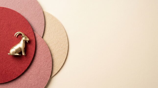 Golden goat figurine on layered red and beige circular felt pads, top view, minimalist composition for chinese new year
