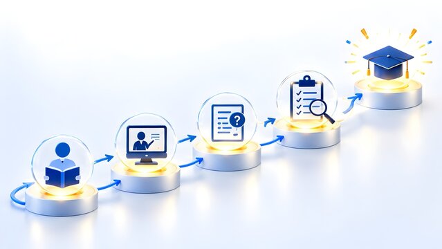 Educational Journey and Online Learning Process Concept 3D Illustration Showing Steps from Reading Studying E-learning Classes Exams and Assessment to Final Achievement Graduation Success