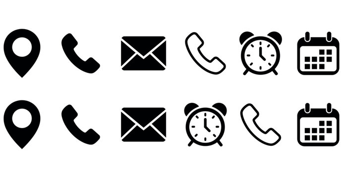 Black and white contact and scheduling icons: location, phone, email, alarm, calendar.