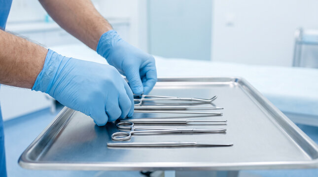 Urology. Man organizing surgical instruments on sterile tray